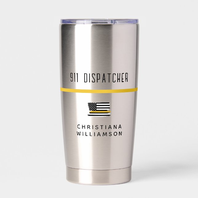 Personalised Thin Gold Line Flag 911 Dispatcher  Insulated Tumbler (Front)