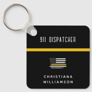 Personalised Thin Gold Line Flag 911 Dispatcher  Key Ring