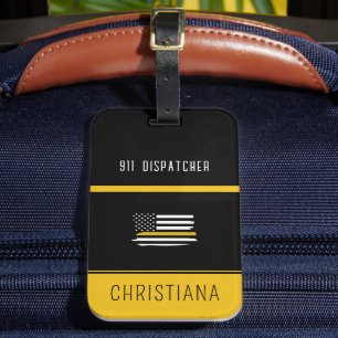 Personalised Thin Gold Line Flag 911 Dispatcher Luggage Tag