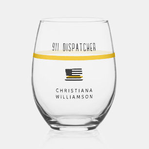 Personalised Thin Gold Line Flag 911 Dispatcher Stemless Wine Glass