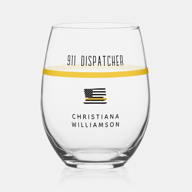 Personalised Thin Gold Line Flag 911 Dispatcher  Stemless Wine Glass (Front)