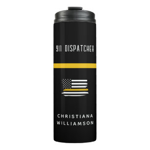 Personalised Thin Gold Line Flag 911 Dispatcher  Thermal Tumbler