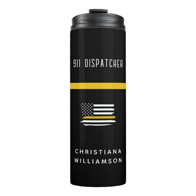 Personalised Thin Gold Line Flag 911 Dispatcher  Thermal Tumbler (Front)