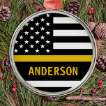 Personalised Thin Gold Line Flag US 911 Dispatcher Metal Ornament<br><div class="desc">Thin Gold Line Ornament for 911 dispatchers and police dispatchers. Personalise this dispatcher ornament with name and year. This personalised dispatcher gift is perfect for police dispatcher appreciation, 911 dispatcher thank you gifts, and dispatcher retirement gifts or party favours. Order these dispatchers christmas ornaments bulk wholesale for the police department...</div>