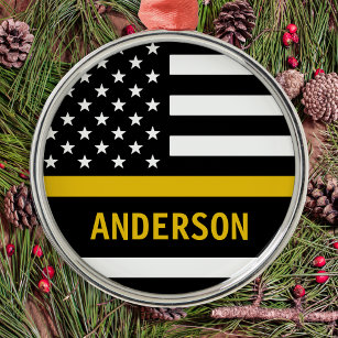 Personalised Thin Gold Line Flag US 911 Dispatcher Metal Ornament