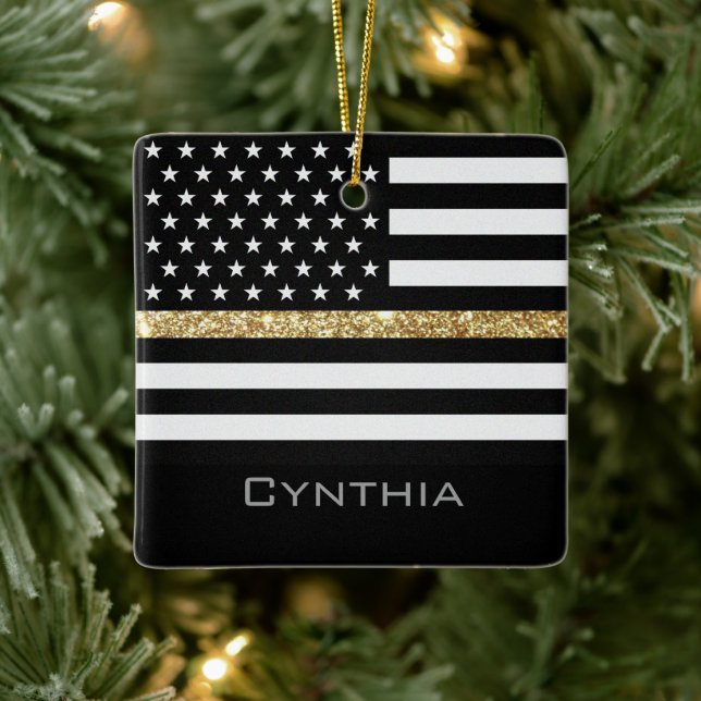 Personalised Thin Gold Line Glitter Flag Ceramic Ornament (Tree)