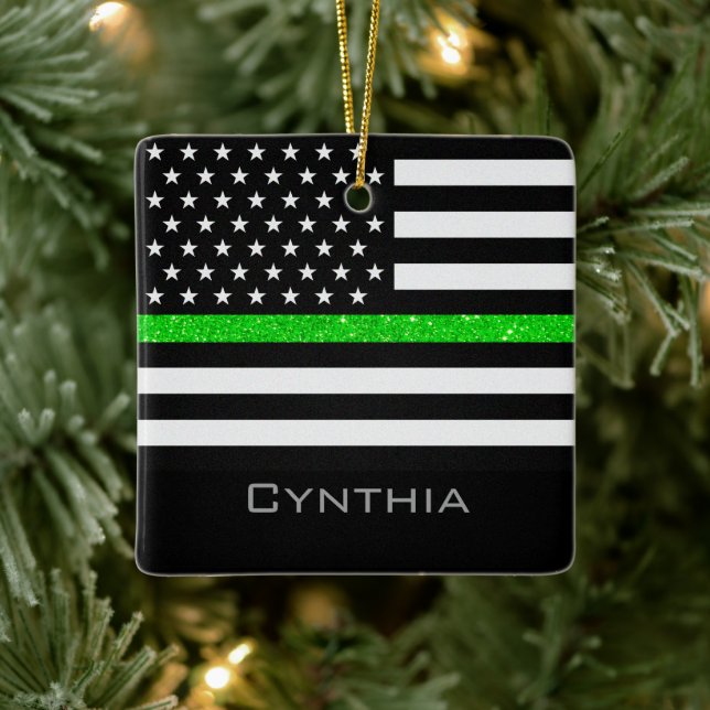 Personalised Thin Green Line Glitter Flag Ceramic Ornament (Tree)