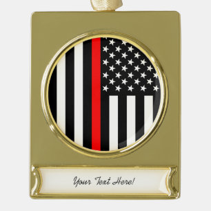 Personalised Thin Red Line American Flag on a Gold Plated Banner Ornament