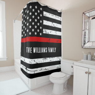 Personalised Thin Red Line Flag Firefighter  Shower Curtain