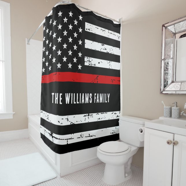 Personalised Thin Red Line Flag Firefighter  Shower Curtain (In Situ)