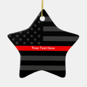 Personalised Thin Red Line Grey US Flag Your Text Ceramic Ornament