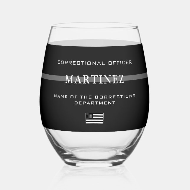 Personalised Thin Silver Line Corrections Officer Stemless Wine Glass (Front)