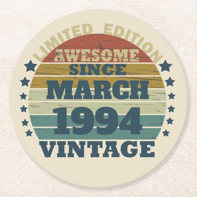 Personalised Thirty vintage 30th birthday party Round Paper Coaster (Front)