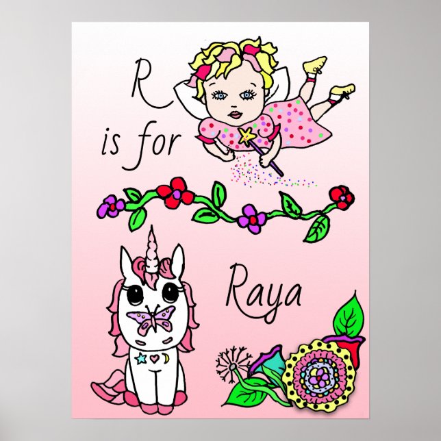 Personalised this Pretty Red  Fairy and Unicorn Poster (Front)