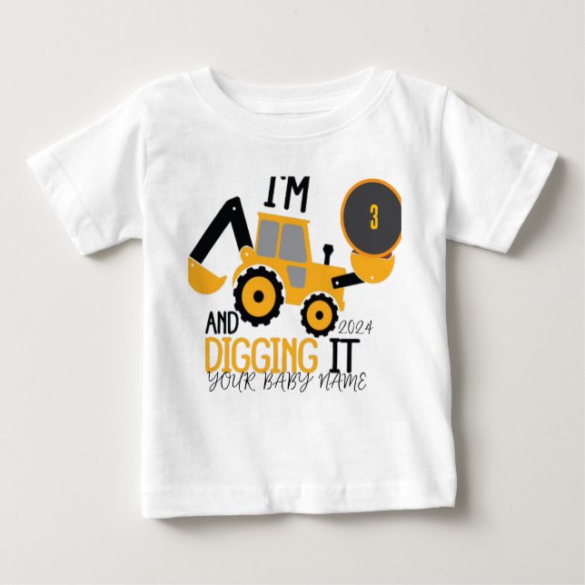    ﻿Personalised Three  3rd Birthday Construction  Baby T-Shirt (Front)