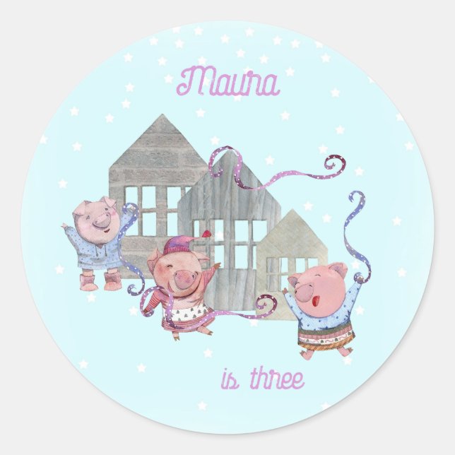 Personalised Three Little Pigs Celebration Classic Round Sticker (Front)