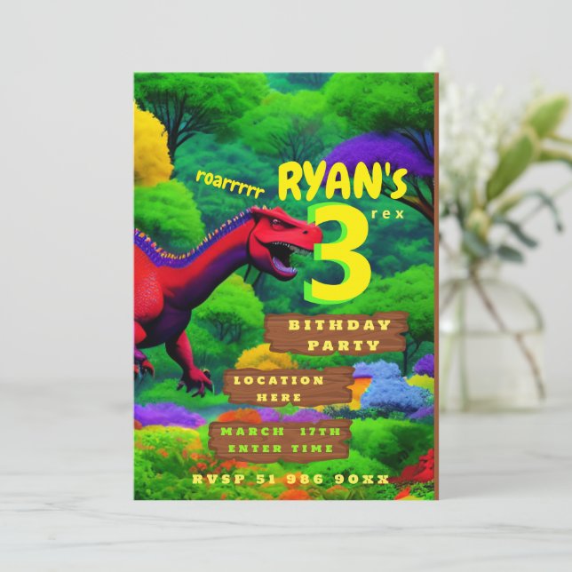 Personalised three rex birthday invitation (Standing Front)