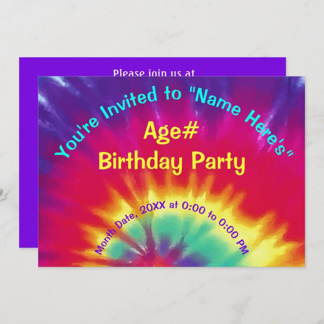 Personalised Tie Dye Invitations, Birthday Invitation (Front/Back)