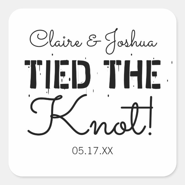 Personalised Tied the Knot Wedding Couple Square Sticker (Front)