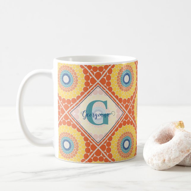 Personalised Tiled Aegean Summer Radiant Mandala Coffee Mug (With Donut)