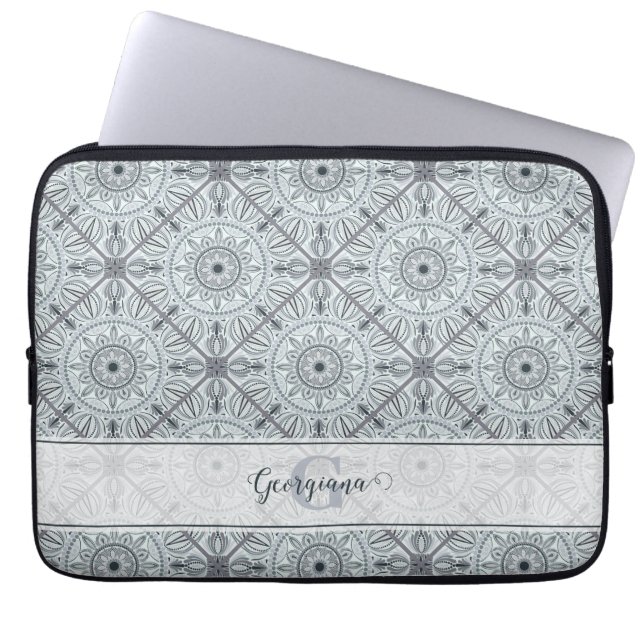 Personalised Tiled Floral Harmony Grey Mandala Laptop Sleeve (Front)