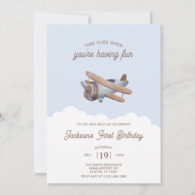 Personalised Time Flies Aeroplane Birthday party  Invitation (Front)