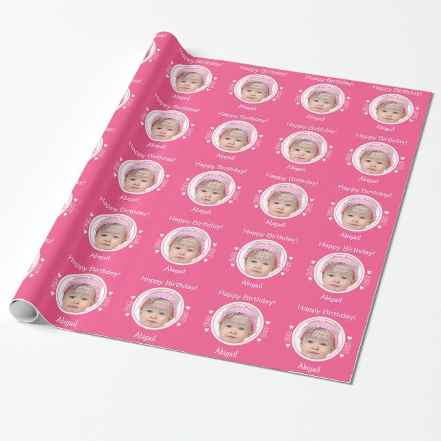 Personalised tiny hearts photo pink wrapping paper (Unrolled)