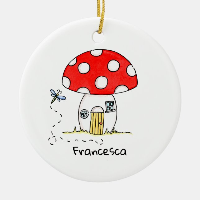 Personalised Toadstool & Dragonfly Newborn Ceramic Ornament (Front)