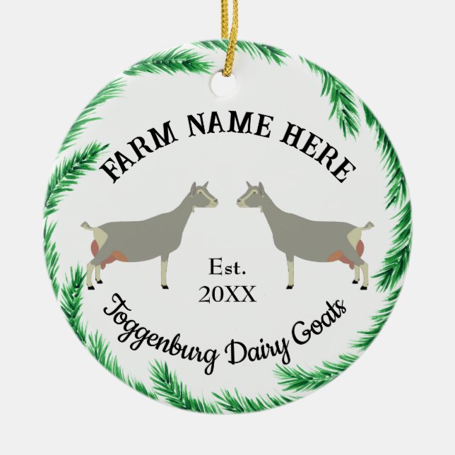 Personalised Toggenburg Dairy Goat Pine Wreath Ceramic Ornament (Front)