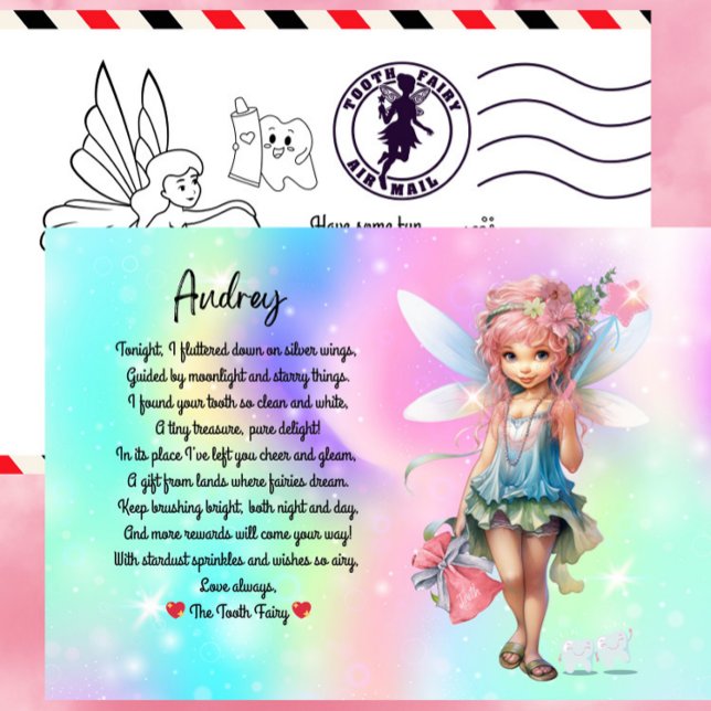 Personalised Tooth Fairy Postcard For Kids (Personalized Tooth Fairy Postcard with special message and colouring in on the back)