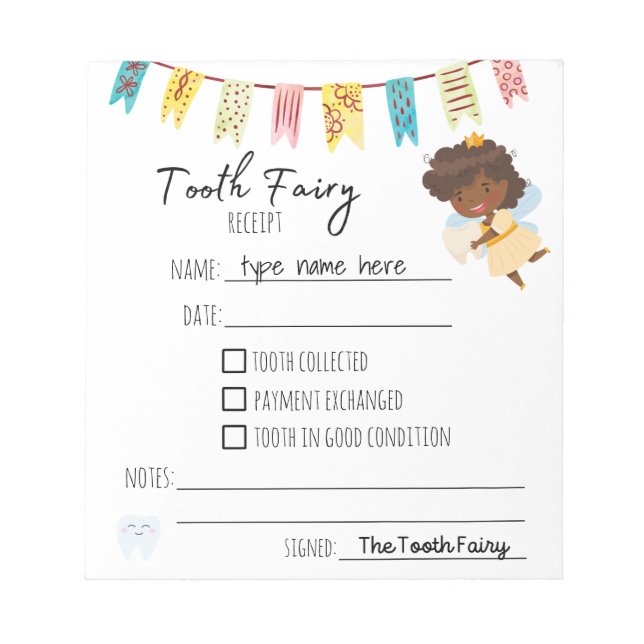 Personalised Tooth Fairy Receipts Gender Neutral Notepad (Front)