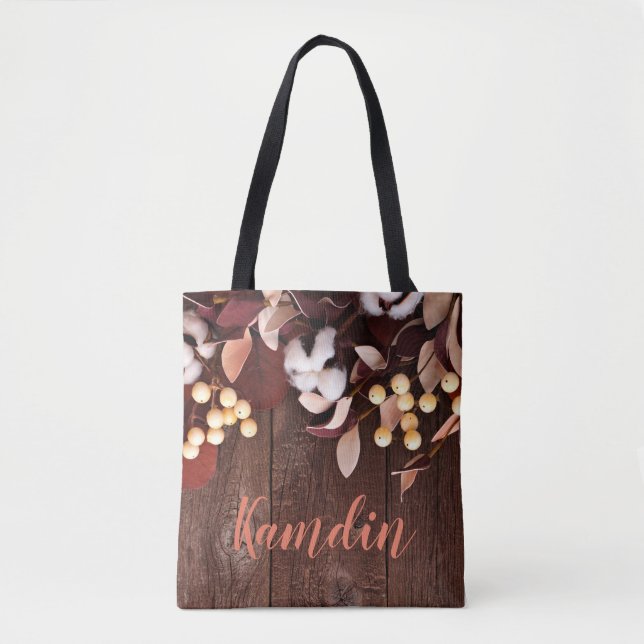 Personalised Tote Bag Cotton Branch on Dark Wood S (Front)