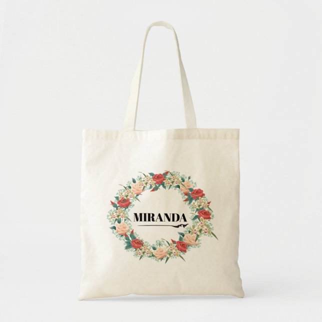 Personalised Tote Bag. Floral Tote Bag. Name Bag (Front)