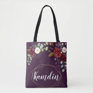 Personalised Tote Bag Plum Purple Roses Gold Geome