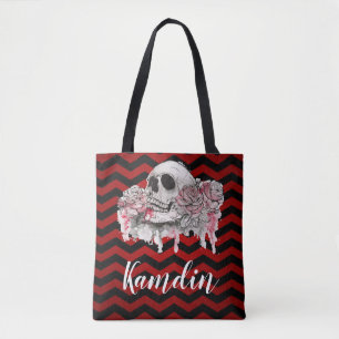 Personalised Tote Bag skull Rose goth Chevron red