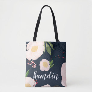 Personalised Tote Bag White Floral Flowers on Dark