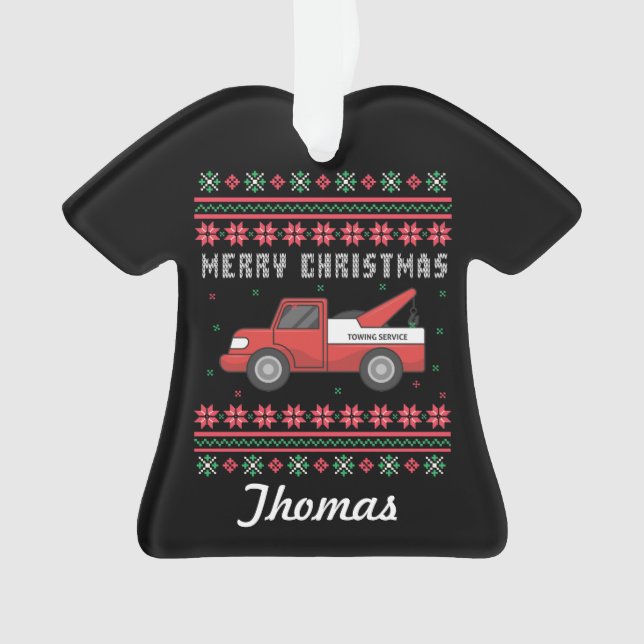 Personalised Tow Truck Ugly Christmas Sweater Ornament (Front)