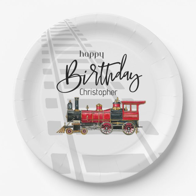 Personalised Train Happy Birthday Paper Plates (Front)