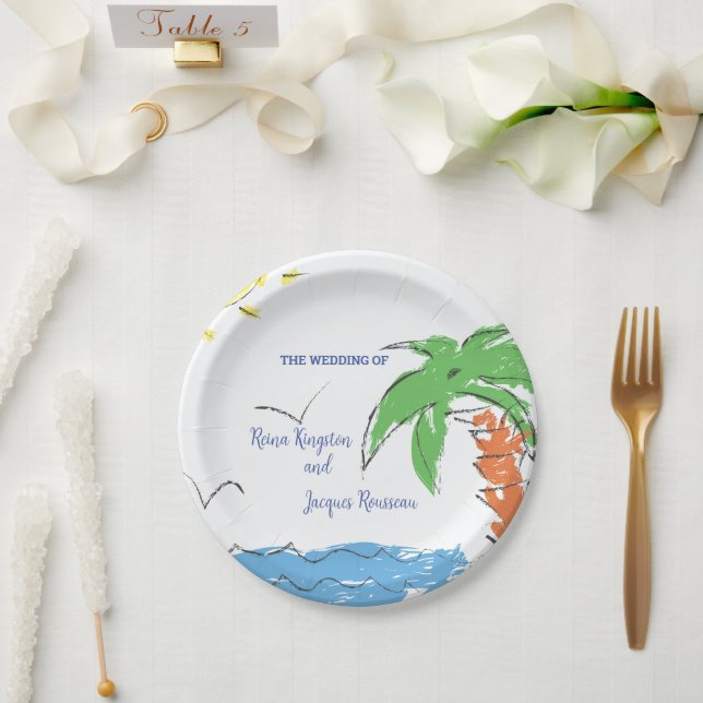 Personalised Treasure beach with palm tree Paper Plate (Wedding)