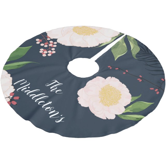 Personalised Tree Skirt Baby Pink Cosmos on Navy (Angled)