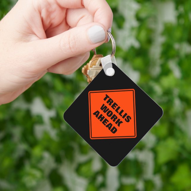 Personalised trellis work ahead orange road sign key ring (Hand)