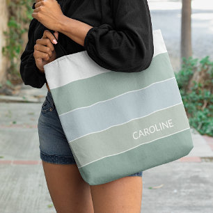 Personalised Trendy Grey Sage Green Stripe Art Tote Bag