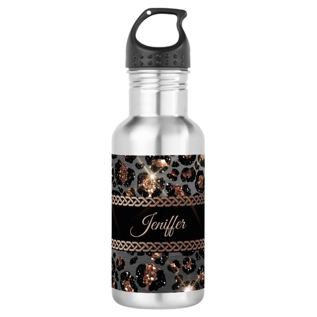 Personalised Trendy Leopard Black Gold Glitter     710 Ml Water Bottle (Front)