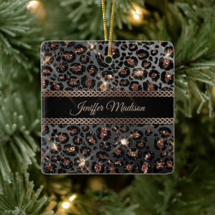 Personalised Trendy Leopard Black Gold Glitter     Ceramic Ornament