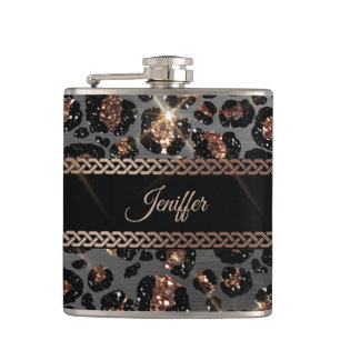 Personalised Trendy Leopard Black Gold Glitter     Hip Flask