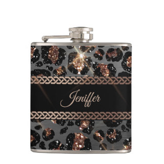 Personalised Trendy Leopard Black Gold Glitter     Hip Flask
