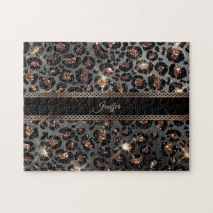 Personalised Trendy Leopard Black Gold Glitter    Jigsaw Puzzle