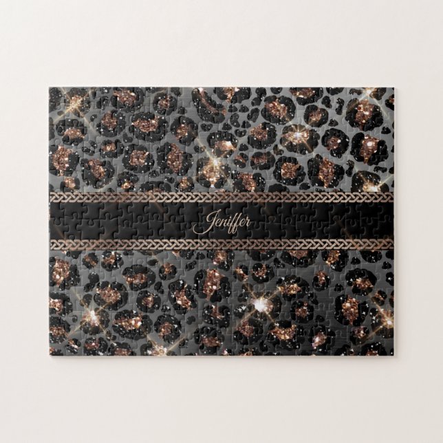 Personalised Trendy Leopard Black Gold Glitter    Jigsaw Puzzle (Horizontal)