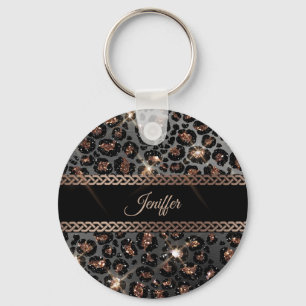 Personalised Trendy Leopard Black Gold Glitter     Key Ring