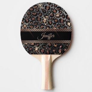 Personalised Trendy Leopard Black Gold Glitter     Ping Pong Paddle
